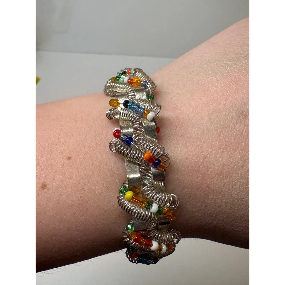 Vintage Silver Tone Wire Wrap Cuff Bracelet Multi Color Seed Beads Industrial